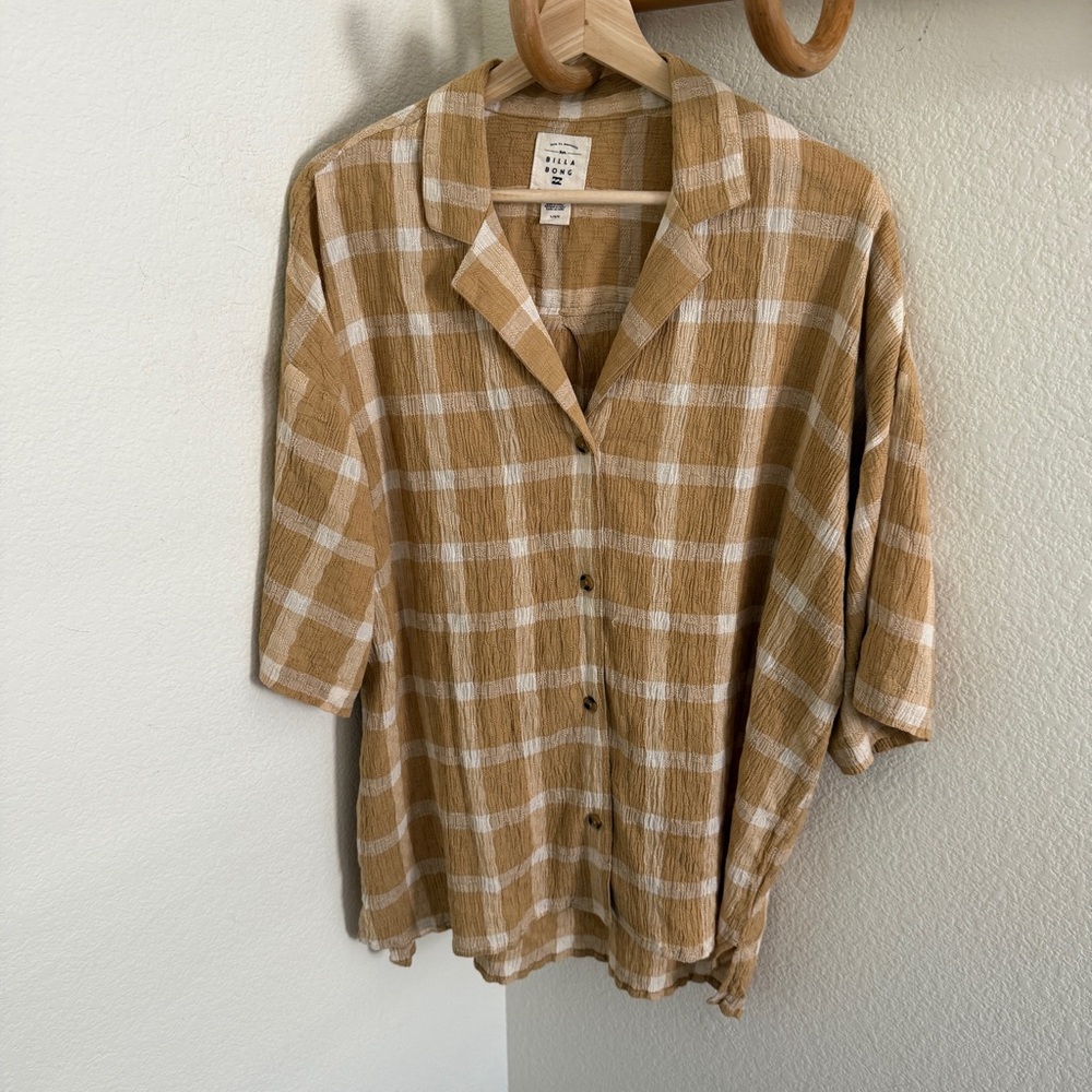 BILLABONG Beach Side Oversized Short Sleeves Shirt tan cream plaid textured - Picture 2 of 8